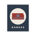 Kansas state map sunflower sticker with “KANSAS” text, blue square design, white border
