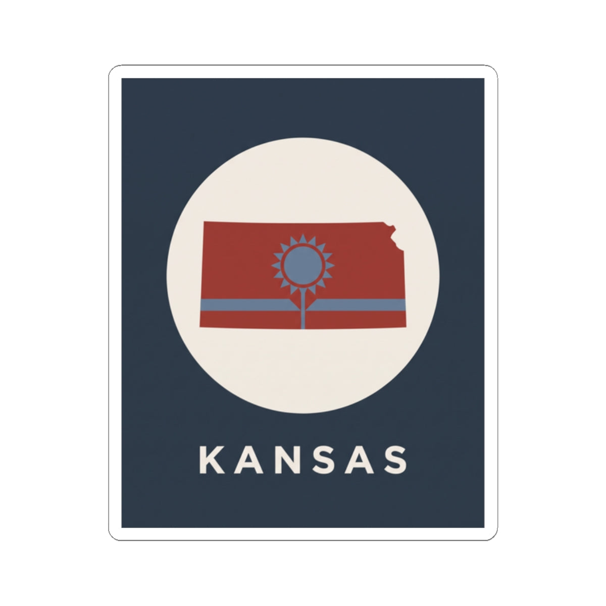 Kansas state map sunflower sticker with “KANSAS” text, blue square design, white border
