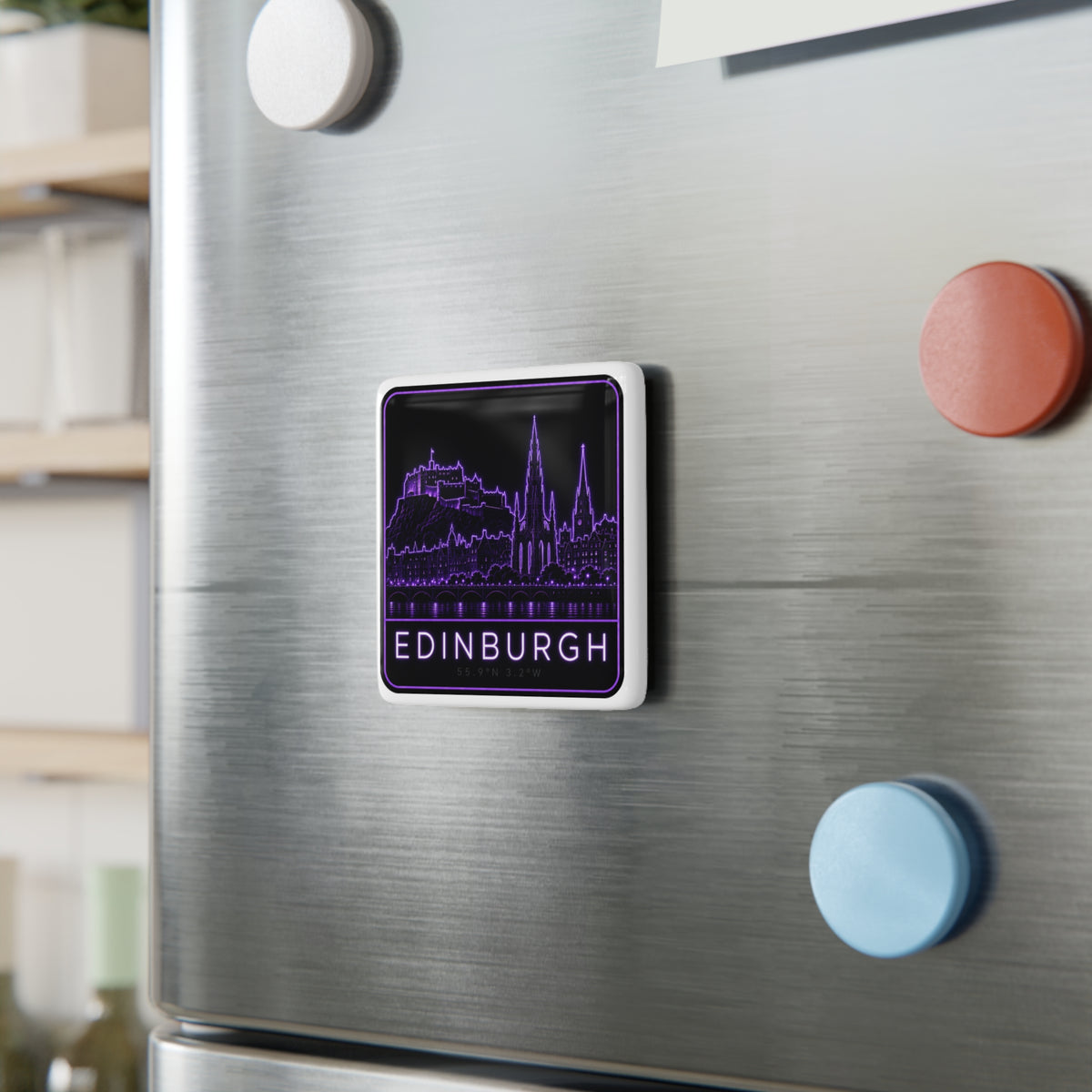 Square porcelain magnet showing purple neon Edinburgh skyline on dark background