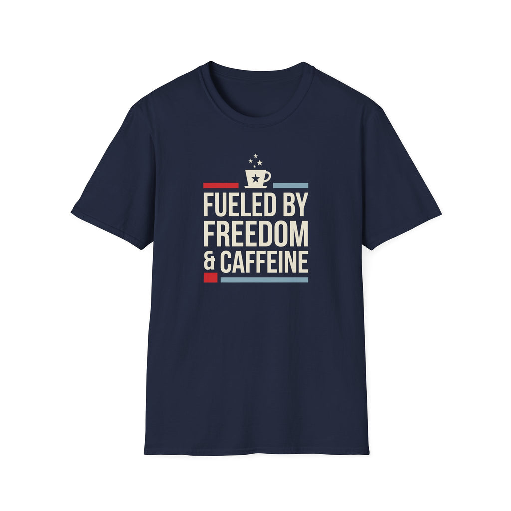 Navy crew-neck t-shirt with colorful "Fueled by Freedom & Caffeine" front graphic