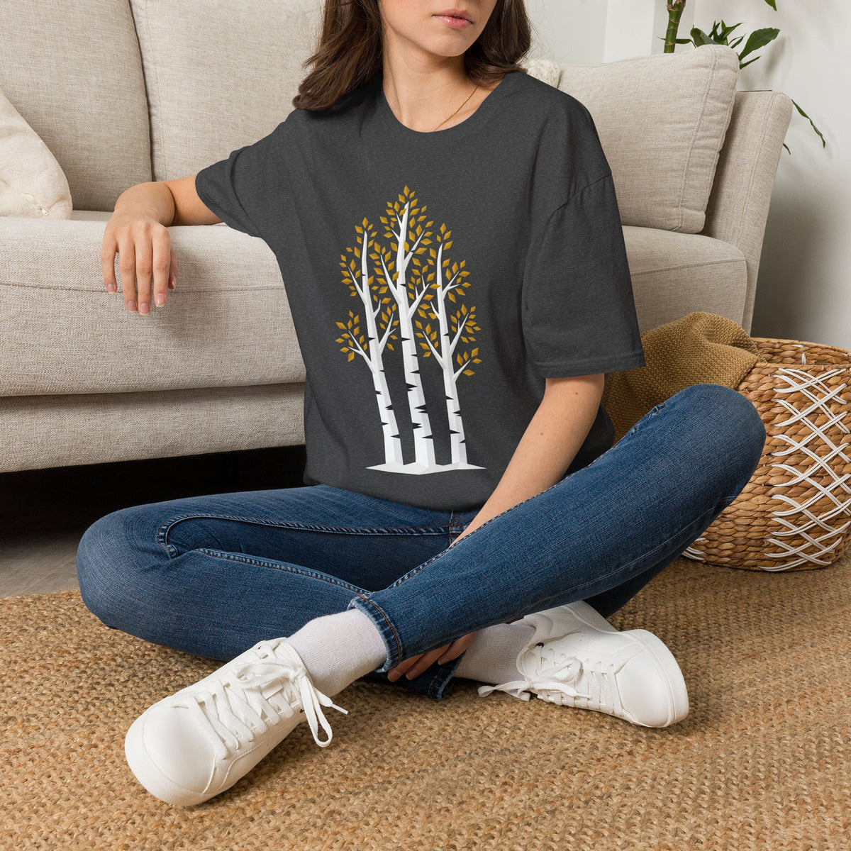 Dark gray unisex graphic T-shirt with birch tree forest illustration on the chest