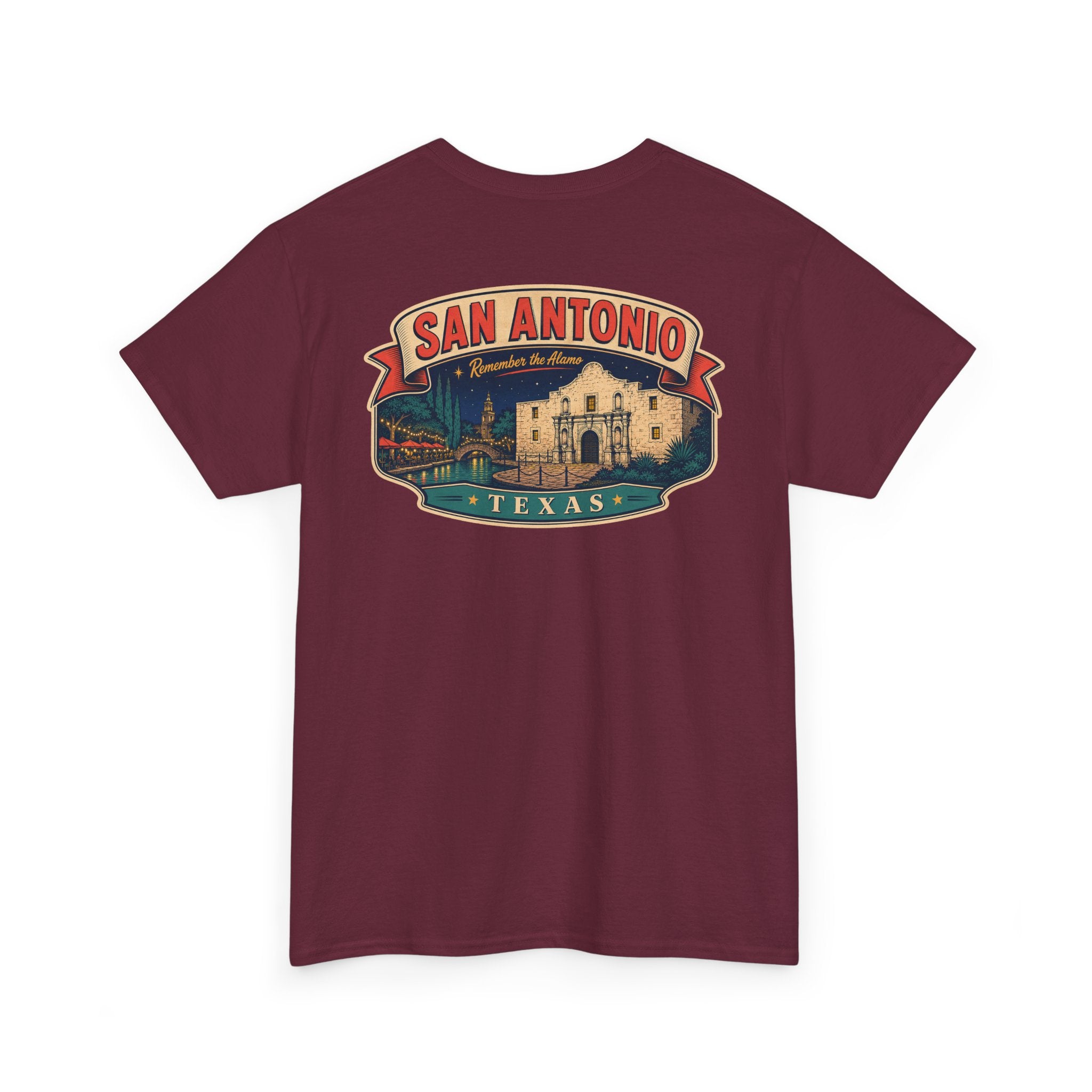 Maroon crewneck T-shirt with San Antonio Texas city badge graphic