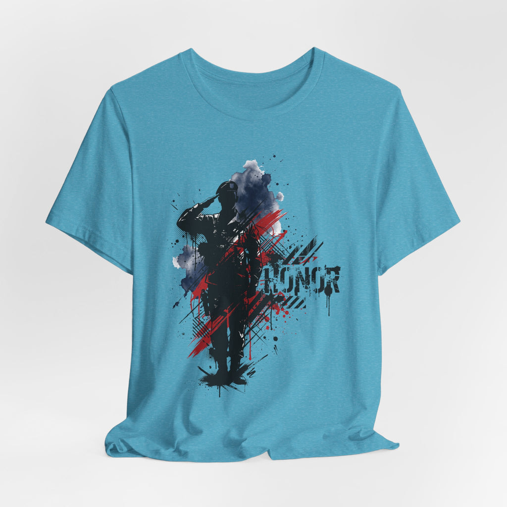 Light blue T-shirt with front soldier silhouette graphic with red and blue distressed accents