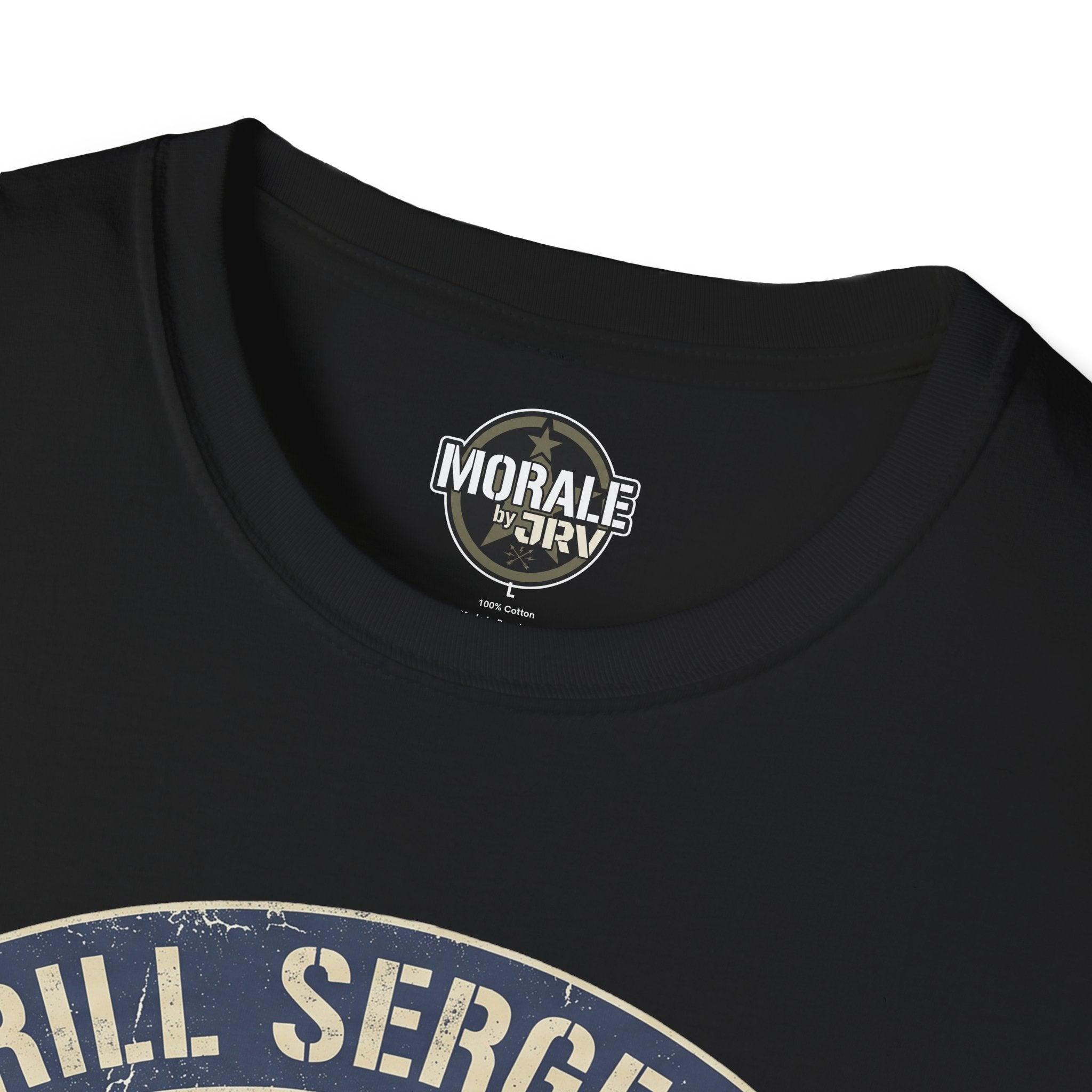 Black T-shirt neckline with small 'MORALP by DRIV' label