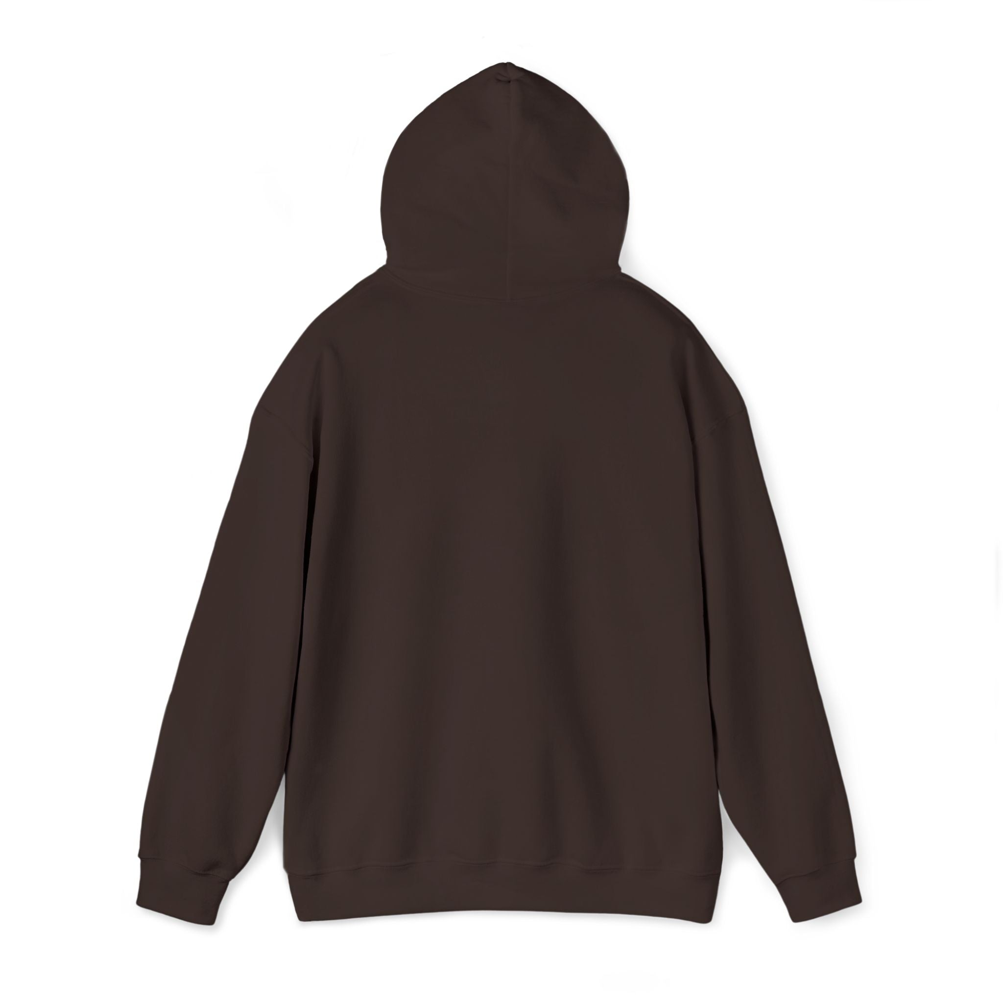 Unisex dark brown hoodie back view with hood and long sleeves