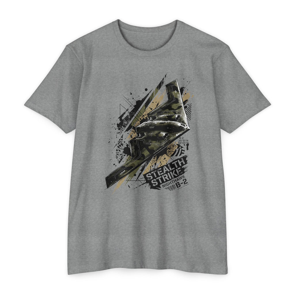 Heather gray bomber T-shirt with short sleeves and crew neck; B-2 style graphic front