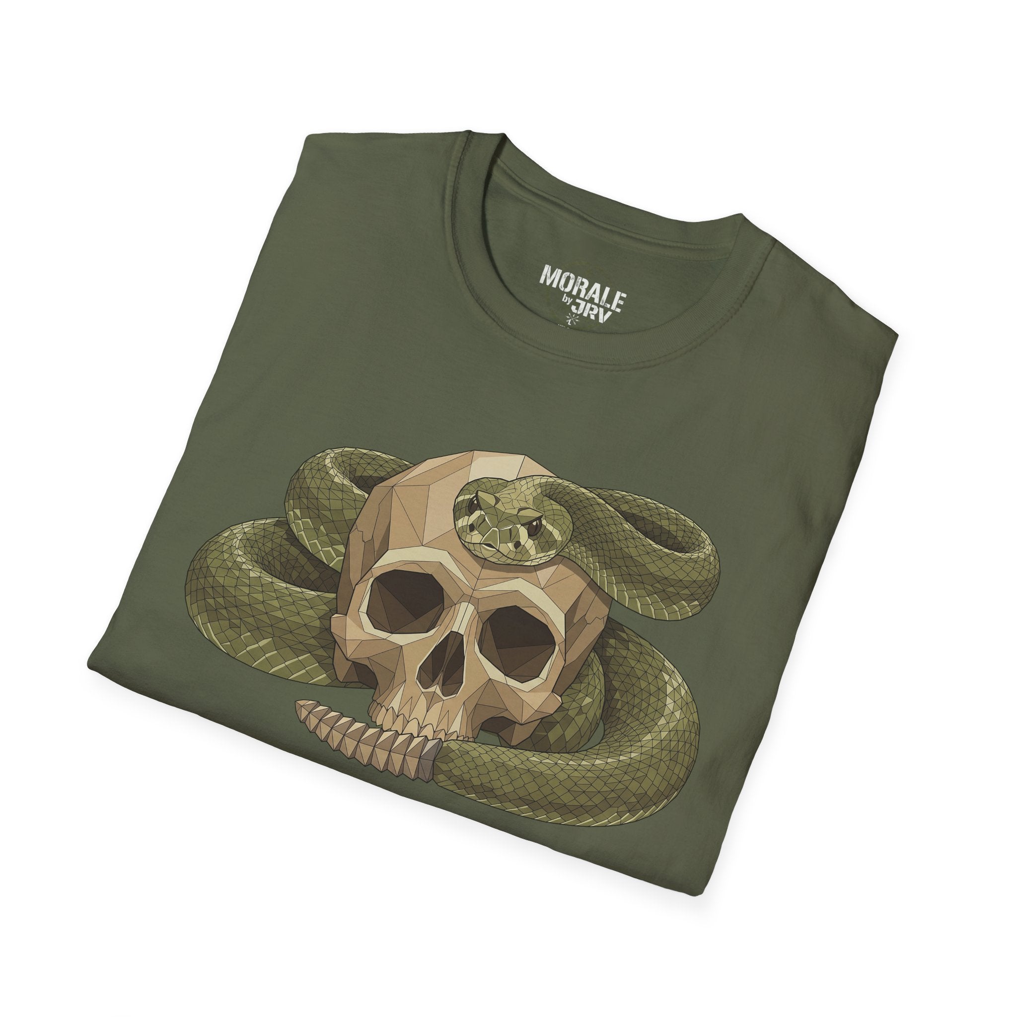 Snake-wrapped skull T-shirt, military green with serpent skull graphic