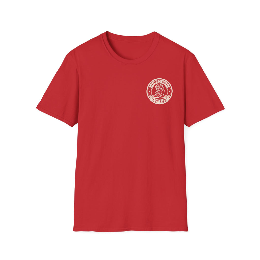 Red unisex T-shirt with small circular logo emblem on left chest