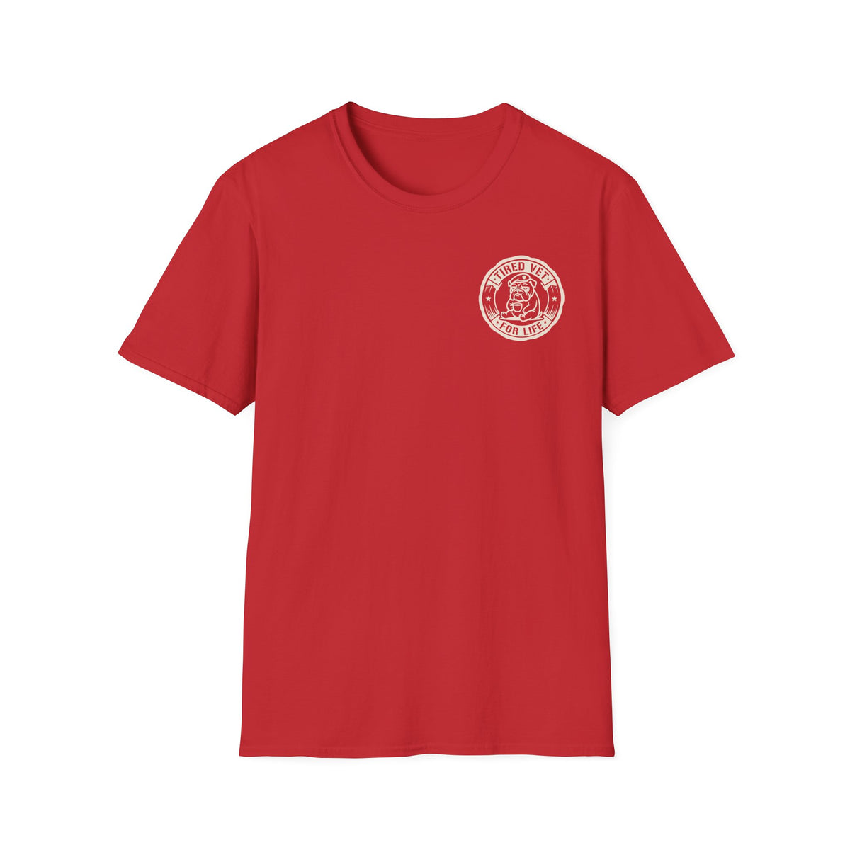 Red unisex T-shirt with small circular logo emblem on left chest