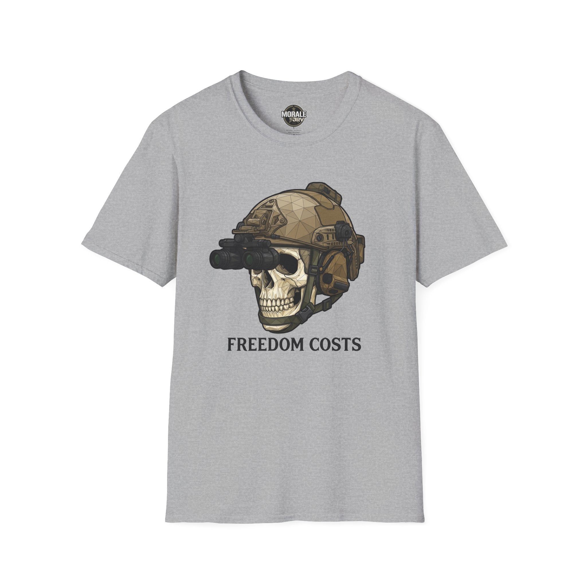 Freedom Costs skull tactical helmet graphic T-shirt, heather gray with NVG goggles