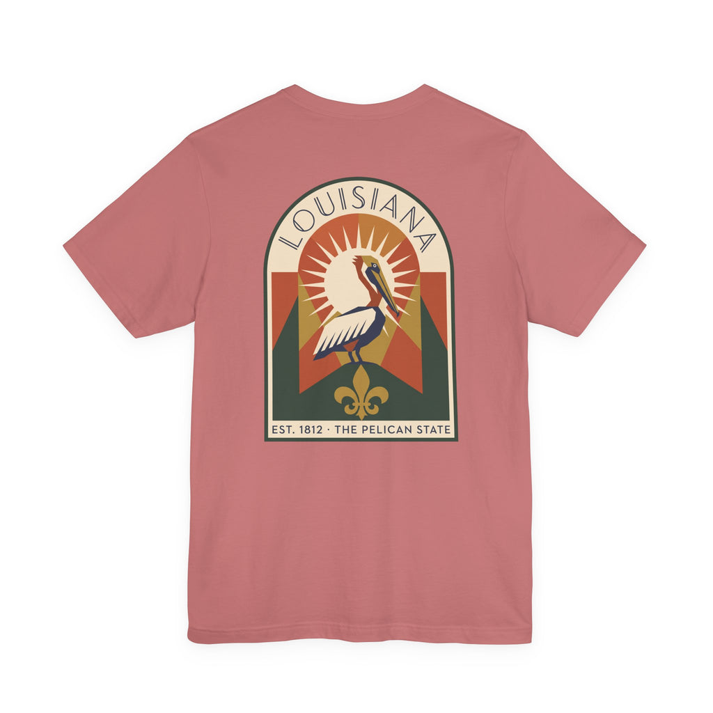 Mauve t-shirt with Louisiana pelican art graphic on chest