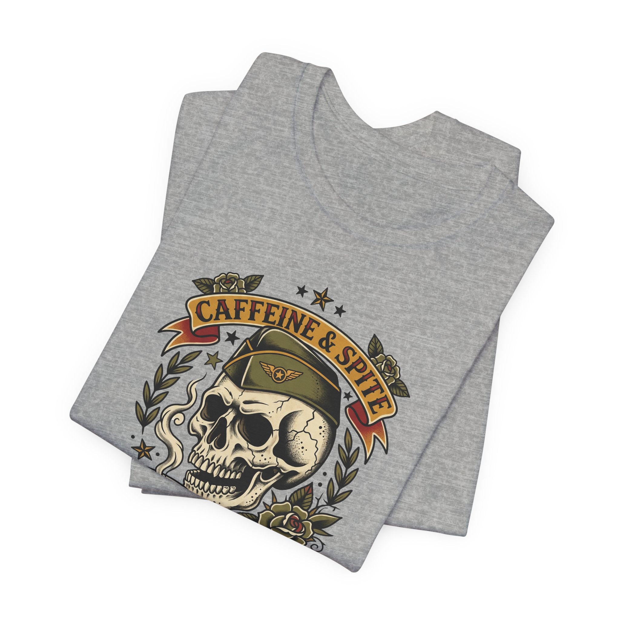 Heather gray skull graphic t-shirt front print with coffee mug and banner