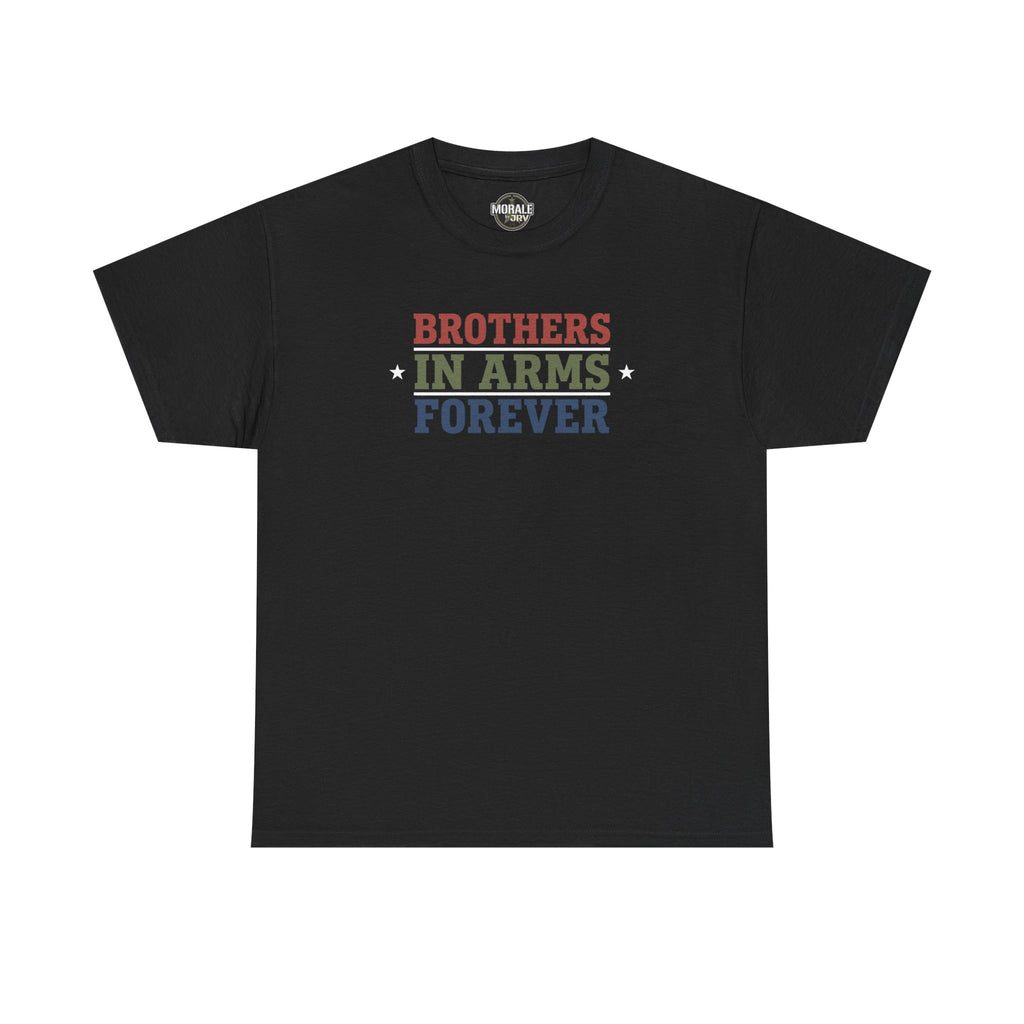 Black T-shirt with 'Brothers in Arms Forever' retro block text and stars