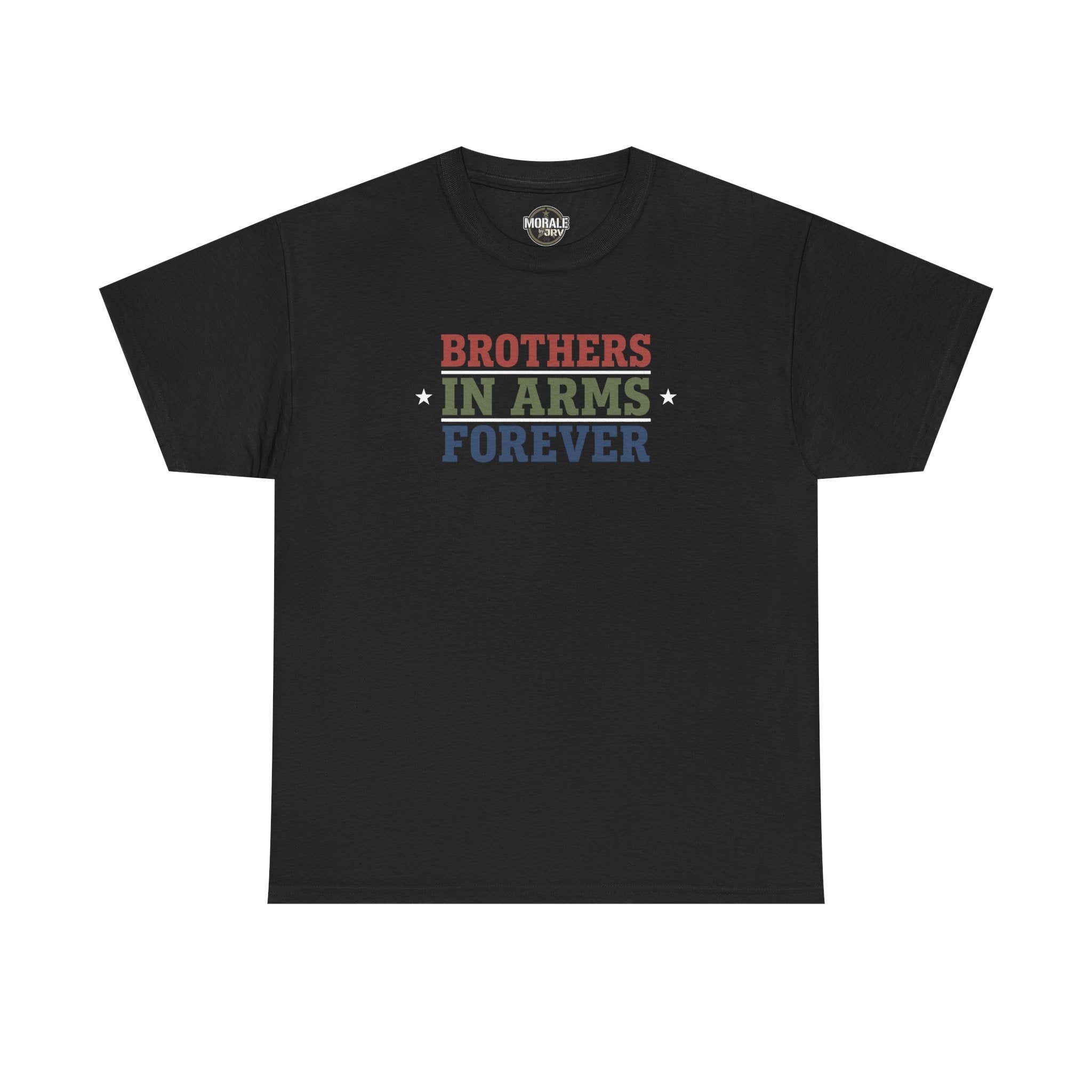 Black T-shirt with 'Brothers in Arms Forever' retro block text and stars