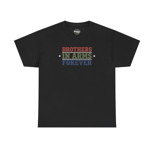 Black T-shirt with 'Brothers in Arms Forever' retro block text and stars