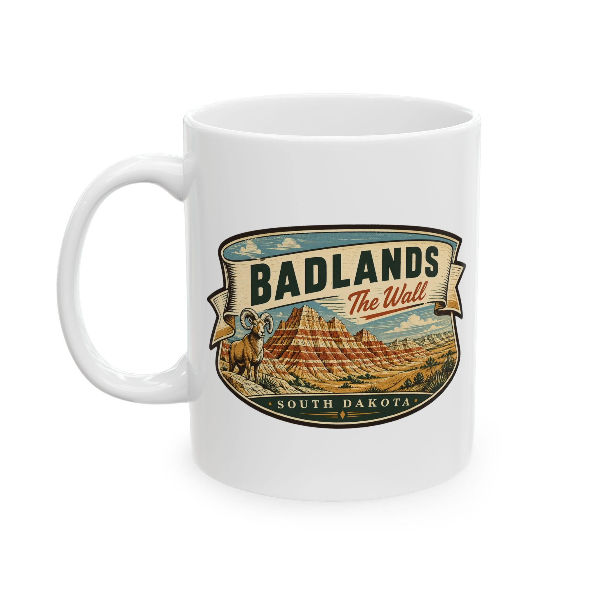 White ceramic mug with Badlands The Wall South Dakota graphic and left handle