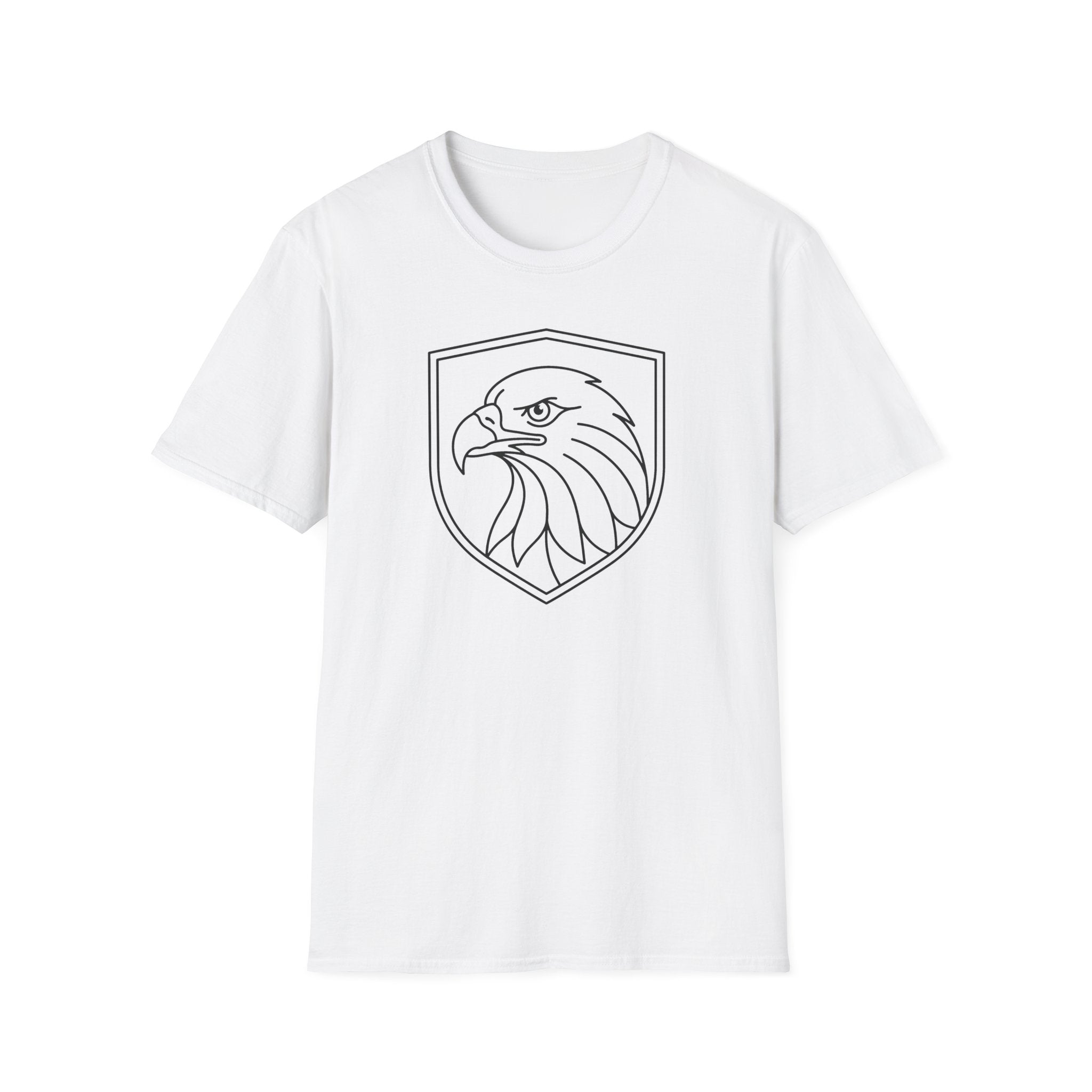 White T-shirt with outlined shield eagle head graphic on the front.