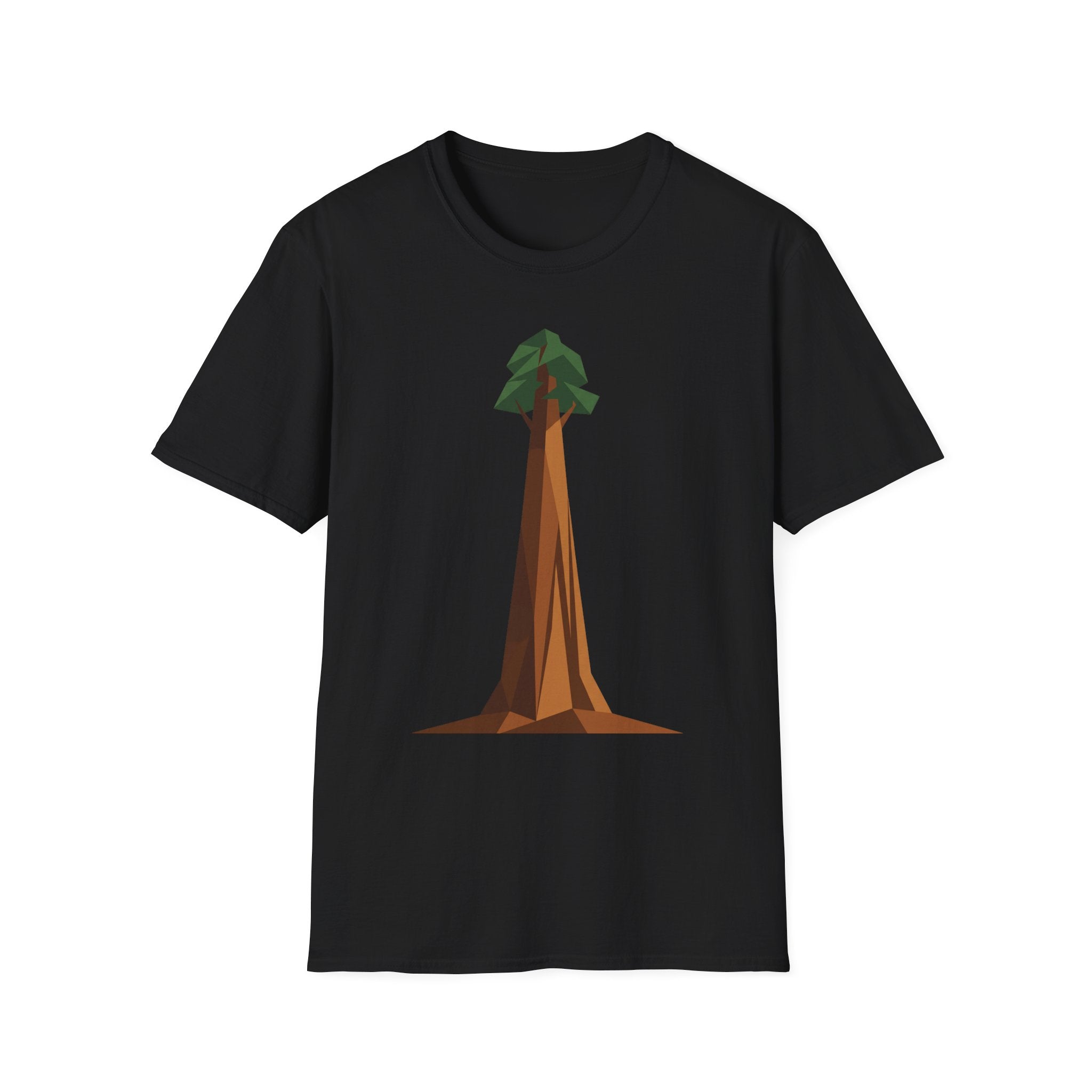 Geometric tree T-shirt, black base with low-poly redwood graphic on front