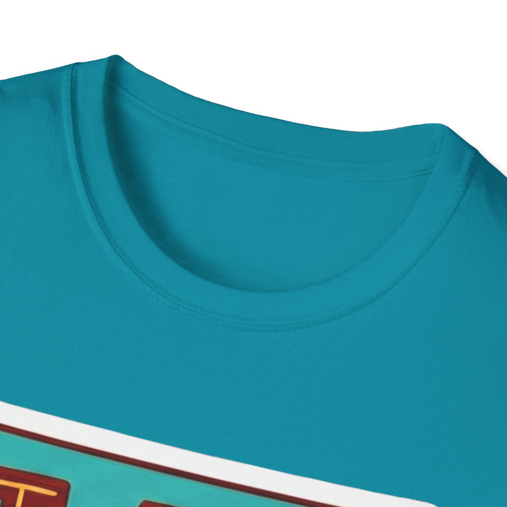 Teal T-shirt neckline with partial colorful Zia state design visible at bottom edge