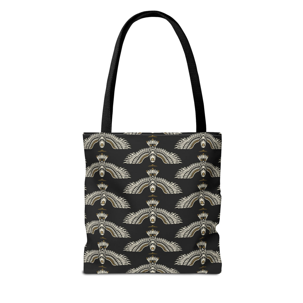 Tote bag with winged scarab pattern, black fabric and gold emblems, black handles
