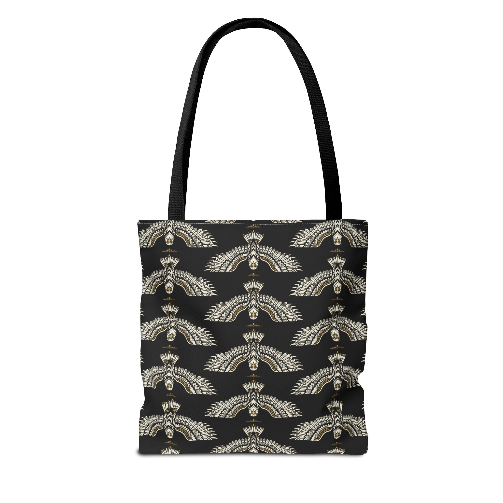 Tote bag with winged scarab pattern, black fabric and gold emblems, black handles