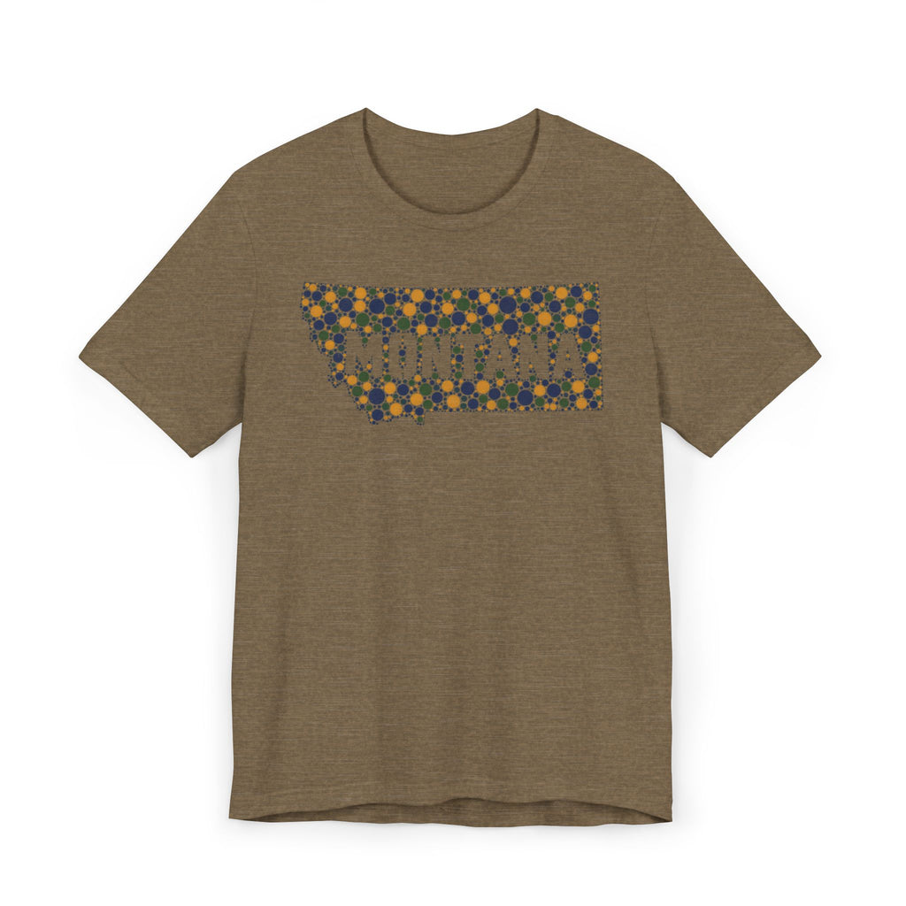 Brown heather crewneck t-shirt with “MONTANA” mosaic floral outline graphic on front.