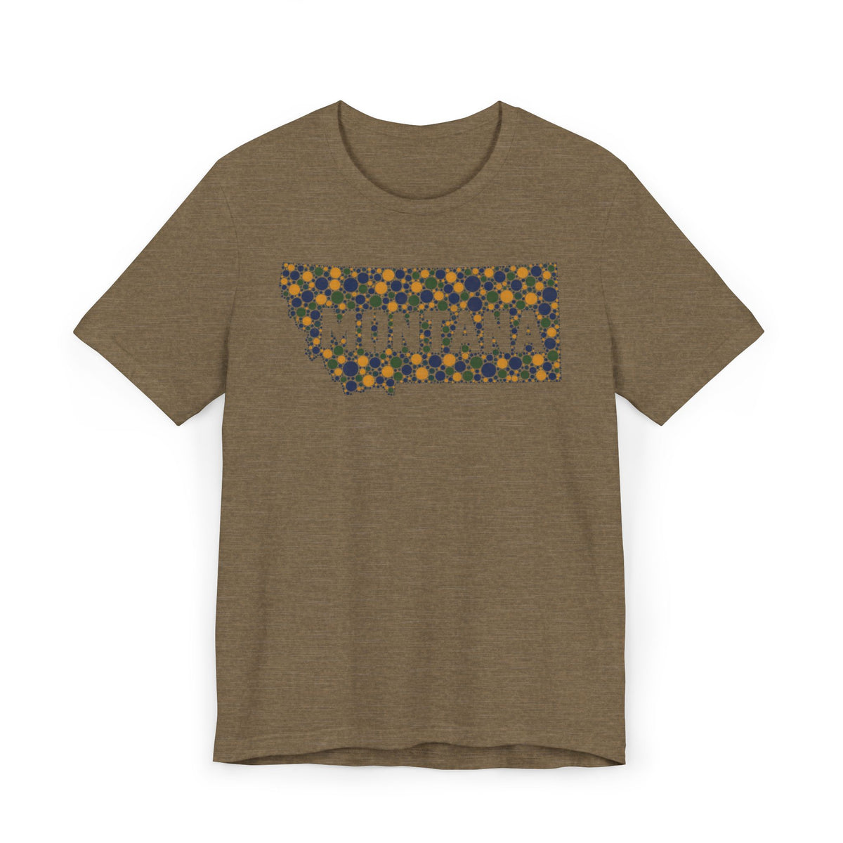 Brown heather crewneck t-shirt with “MONTANA” mosaic floral outline graphic on front.