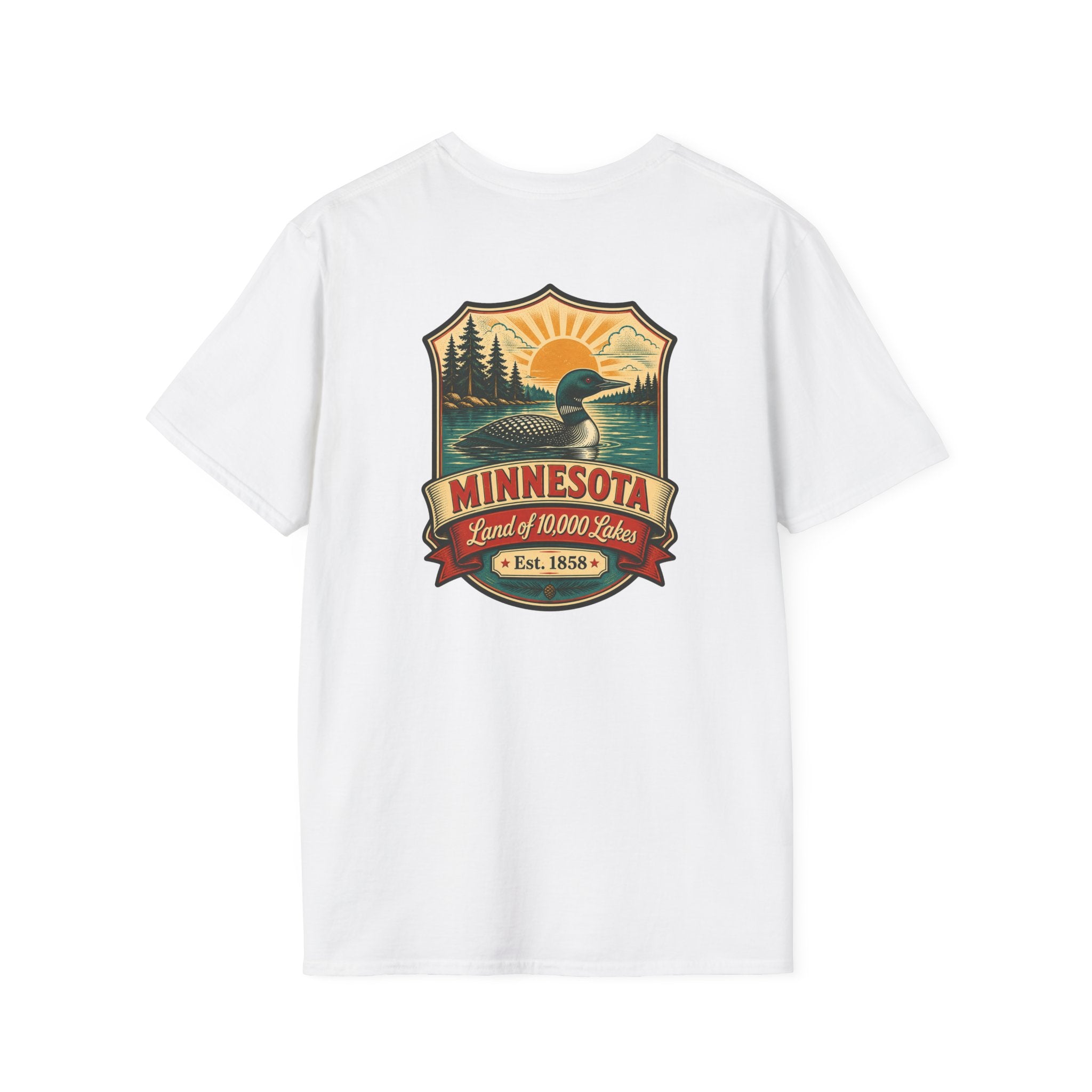 White T-shirt with Minnesota retro lake badge graphic at chest