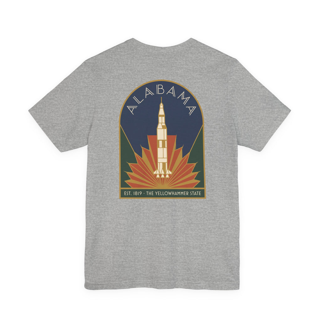 Dark grey T-shirt with round art deco Alabama rocket graphic on front