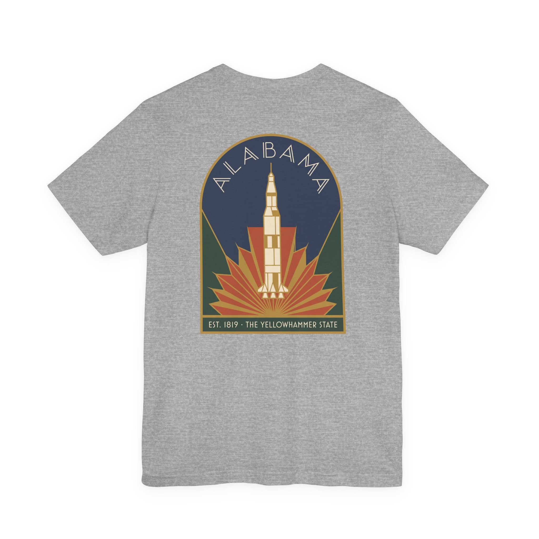 Dark grey T-shirt with round art deco Alabama rocket graphic on front