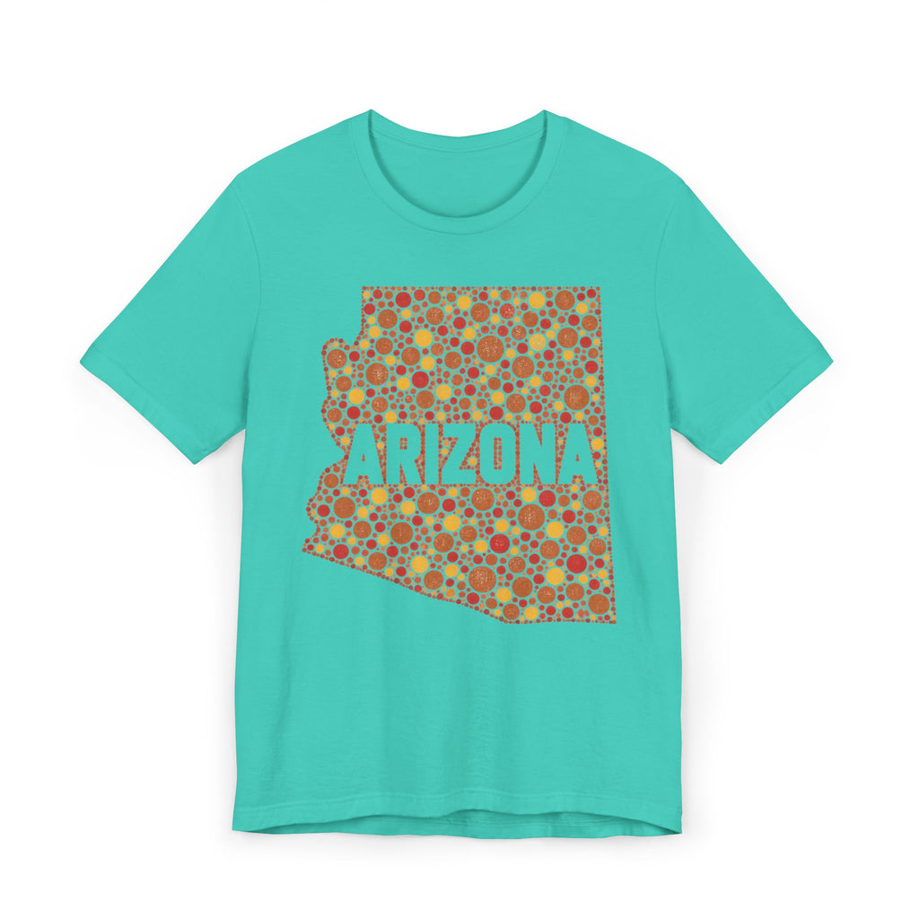 Light teal short-sleeve T-shirt with orange Arizona patterned graphic