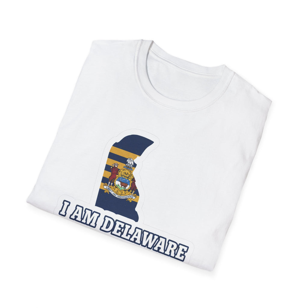 White Delaware state outline T-shirt with 'I AM DELAWARE' front graphic