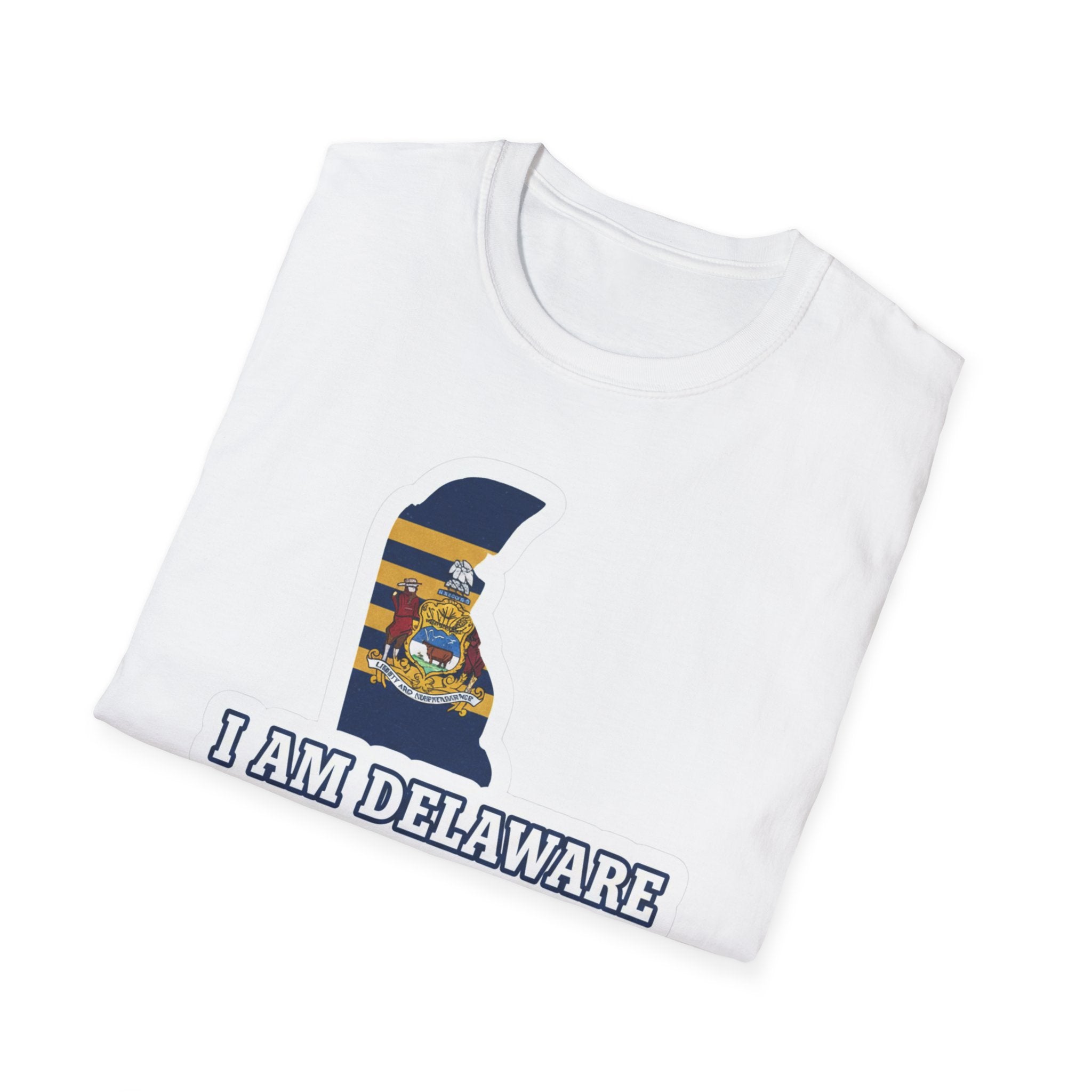 White Delaware state outline T-shirt with 'I AM DELAWARE' front graphic