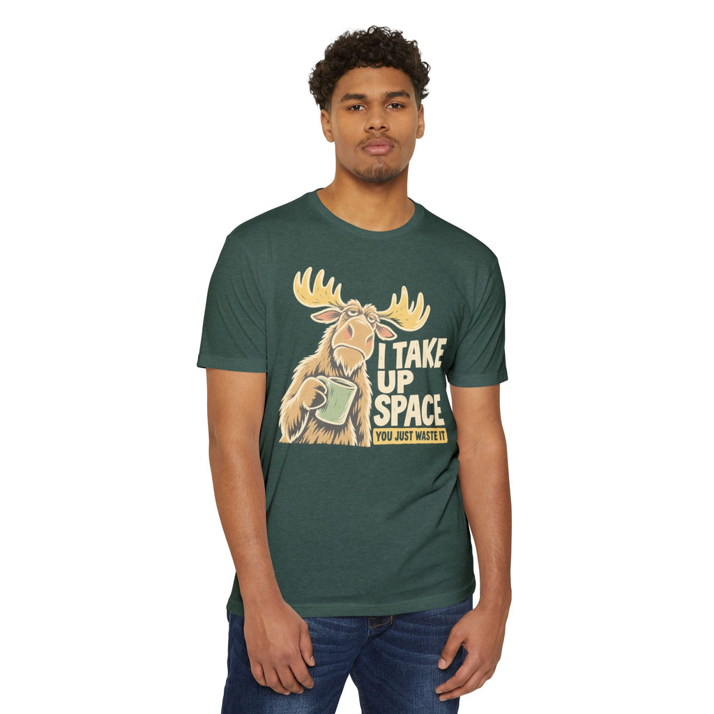 Dark green moose graphic T-shirt with space-themed text and tagline