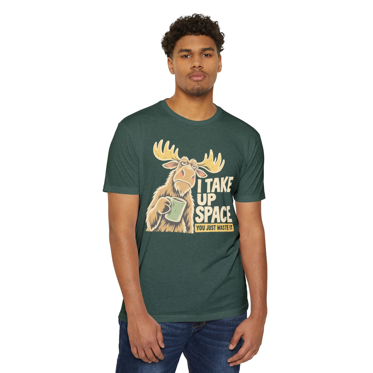 Dark green moose graphic T-shirt with space-themed text and tagline