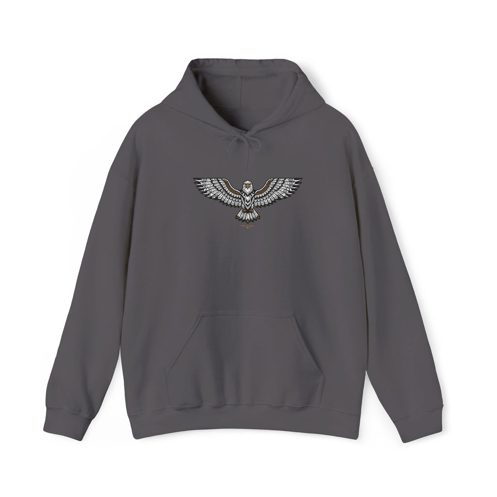 Charcoal gray hoodie with rhinestone eagle chest graphic and front kangaroo pocket