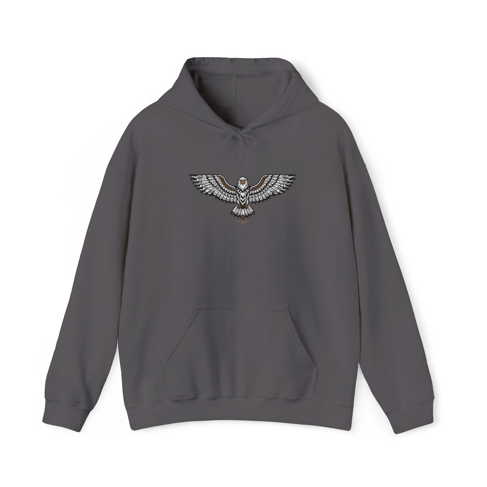 Charcoal gray hoodie with rhinestone eagle chest graphic and front kangaroo pocket