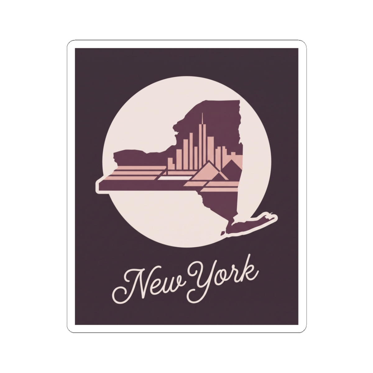 Square kiss-cut New York skyline decal with state silhouette, circular emblem, and cursive “New York”.