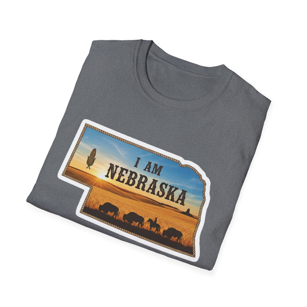 I Am Nebraska T-Shirt in Graphite Heather, Nebraska sunset silhouette front graphic