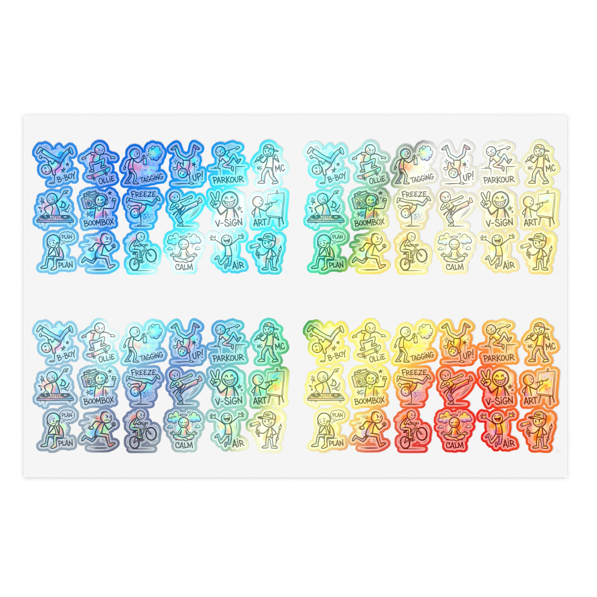 Mini activity character sticker sheet with holographic-style die-cut exercise icons in color