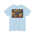 Light blue T-shirt with Santa Fe vintage luggage tag graphic on chest