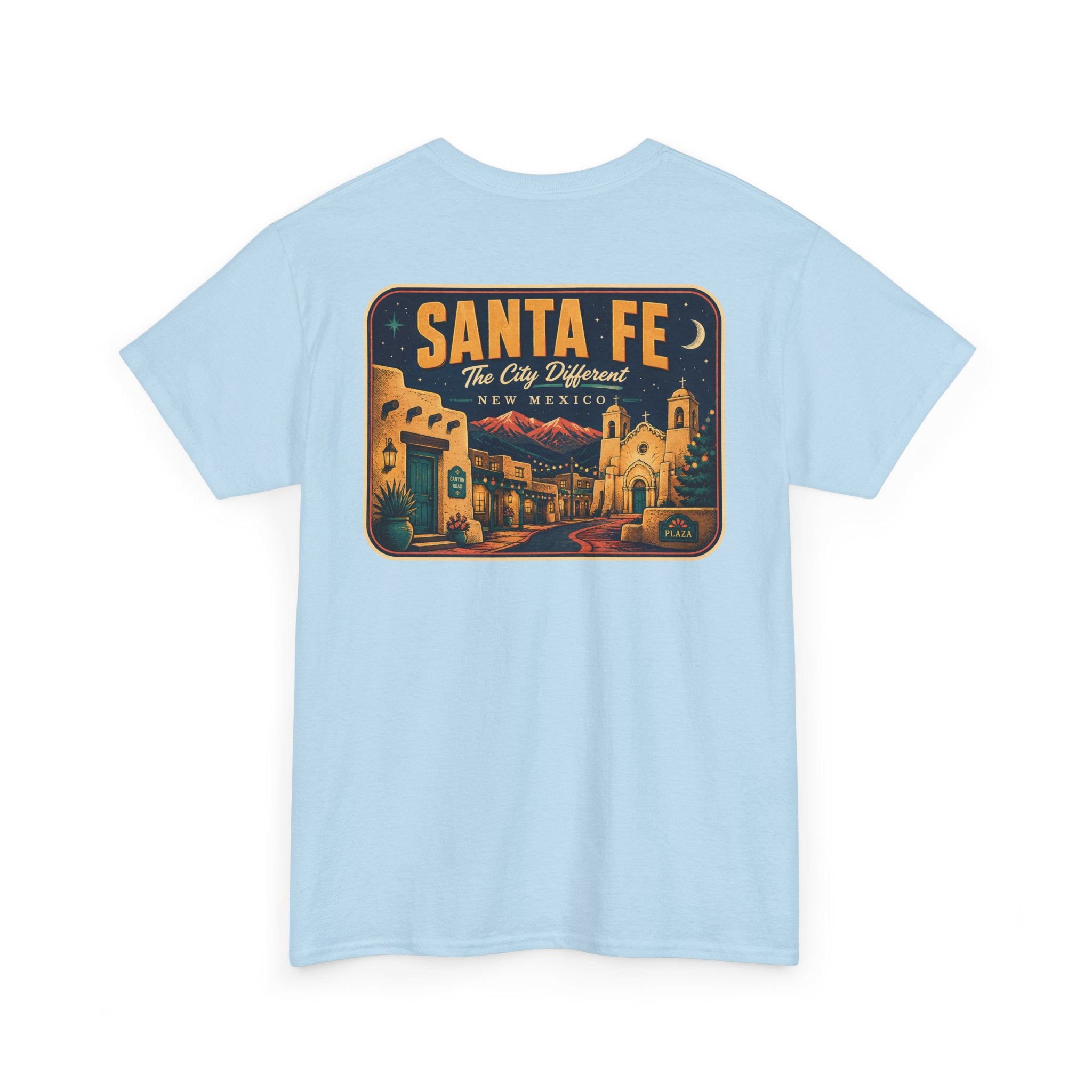 Light blue T-shirt with Santa Fe vintage luggage tag graphic on chest