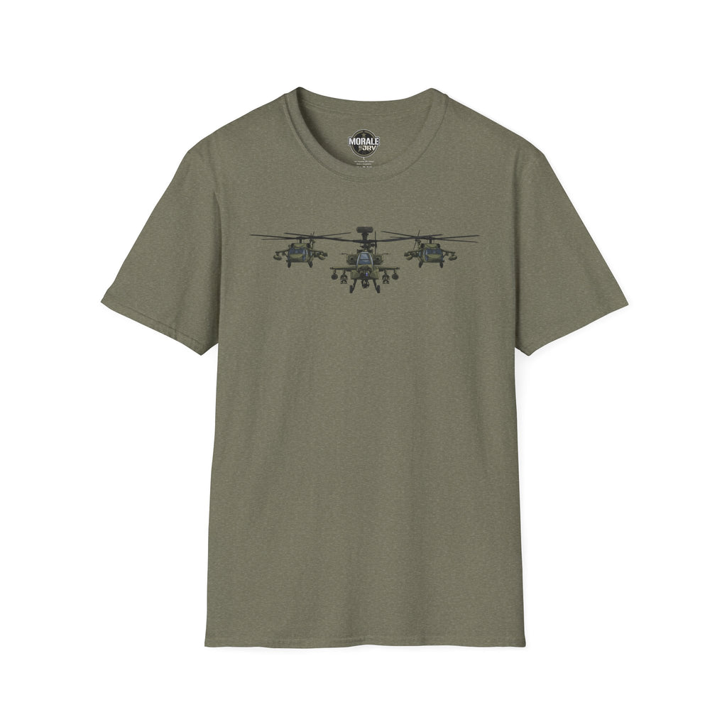 Olive green crewneck T-shirt with three-helicopter graphic on the chest