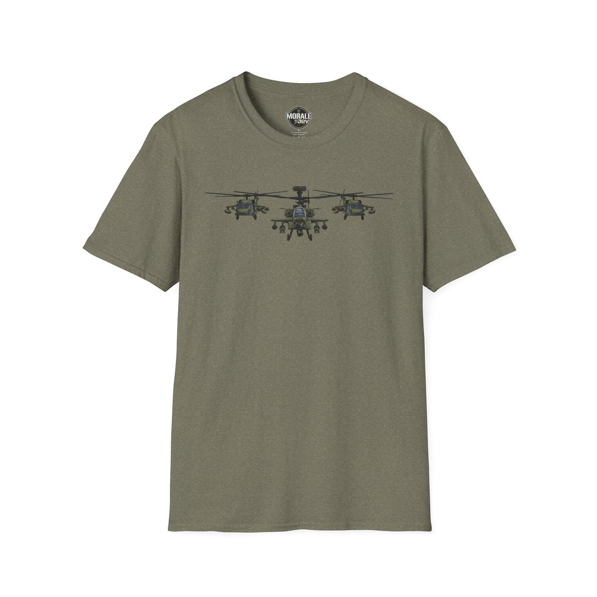 Olive green crewneck T-shirt with three-helicopter graphic on the chest