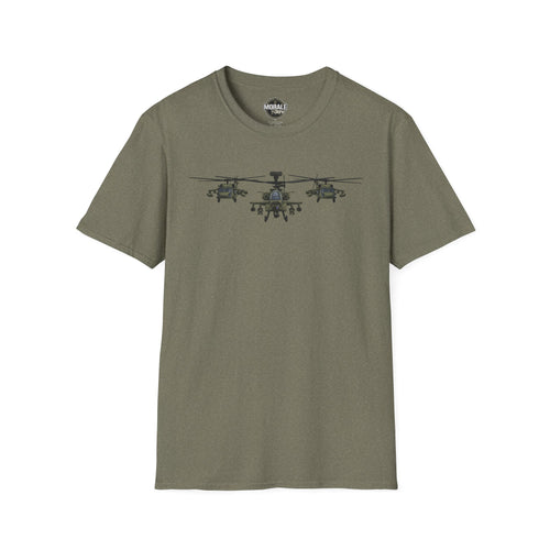 Olive green crewneck T-shirt with three-helicopter graphic on the chest