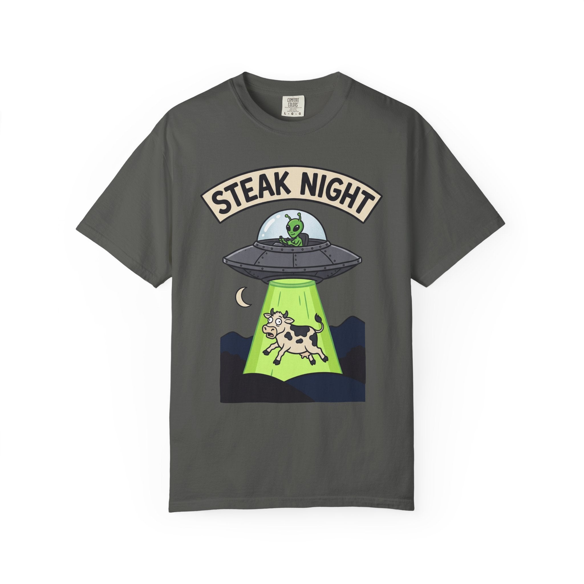 Dark gray T-shirt with “Steak Night” alien and cow graphic
