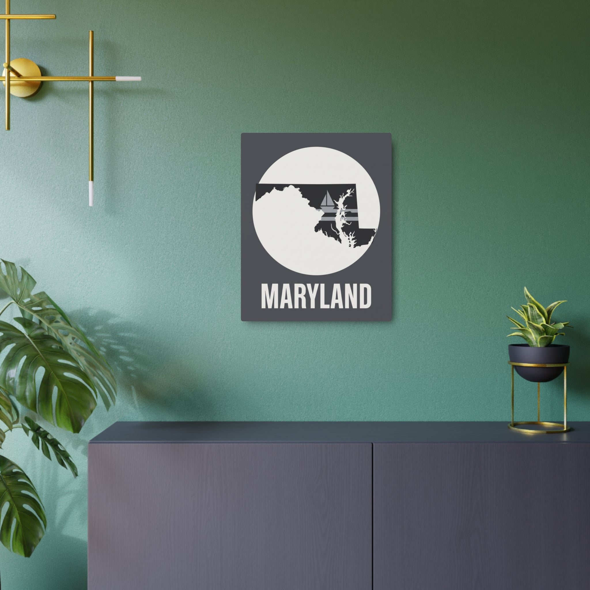 Wall-mounted Maryland metal art sign with white circular state silhouette and bold 'MARYLAND' text
