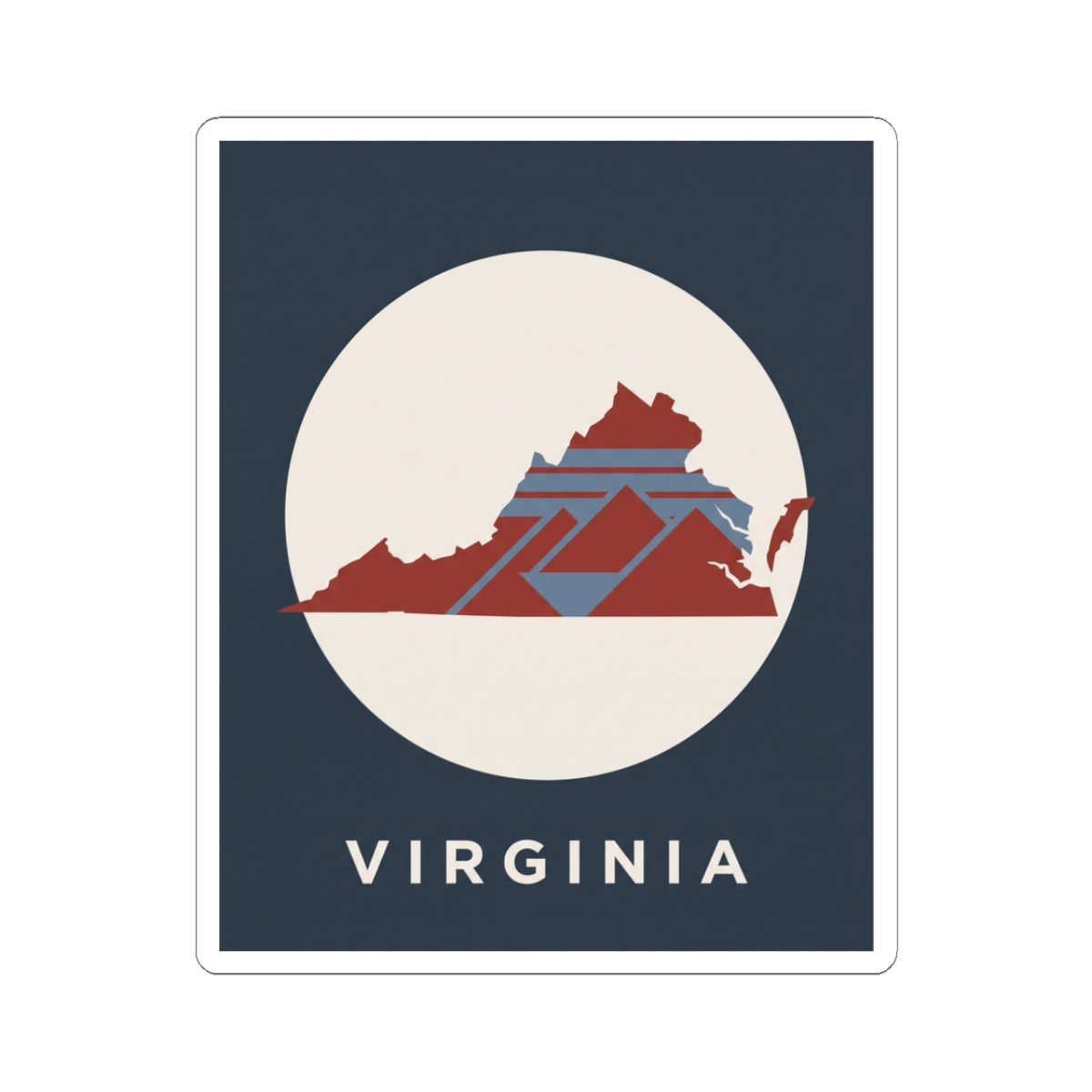 Virginia state map decal with geometric red design, cream circle, dark blue square border