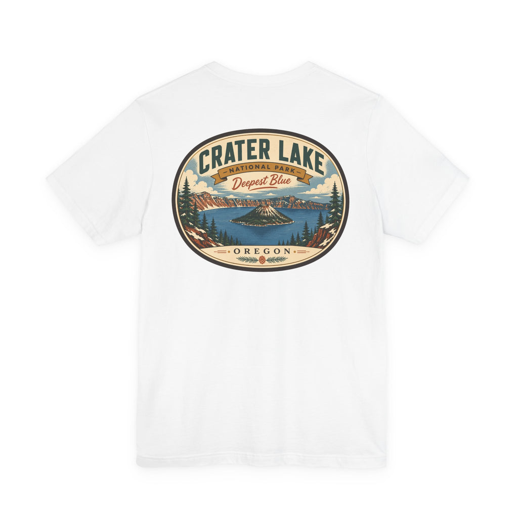 Crater Lake souvenir t-shirt, white, large circular lake logo graphic on chest