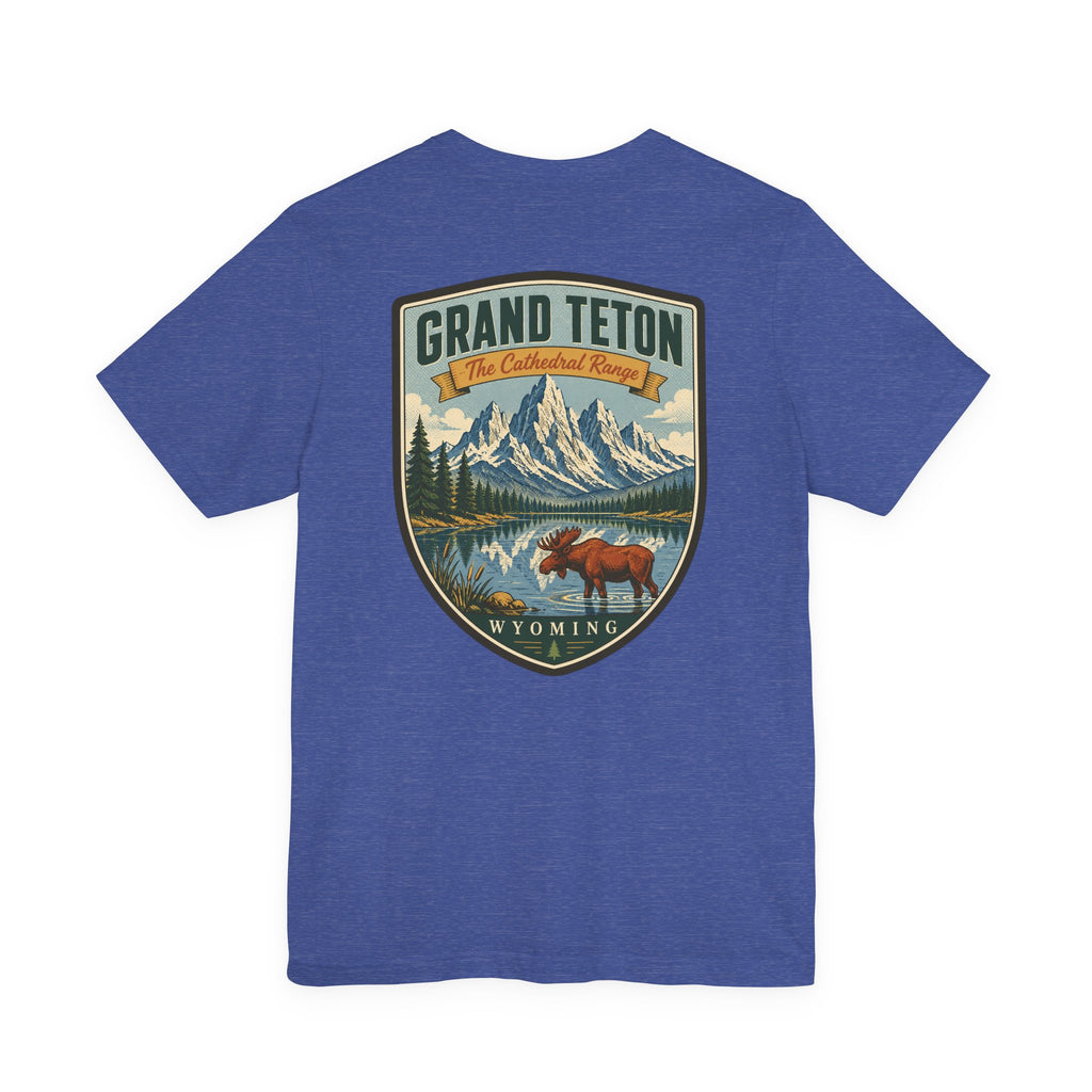 Royal blue t-shirt with centered vintage Grand Teton Wyoming shield graphic